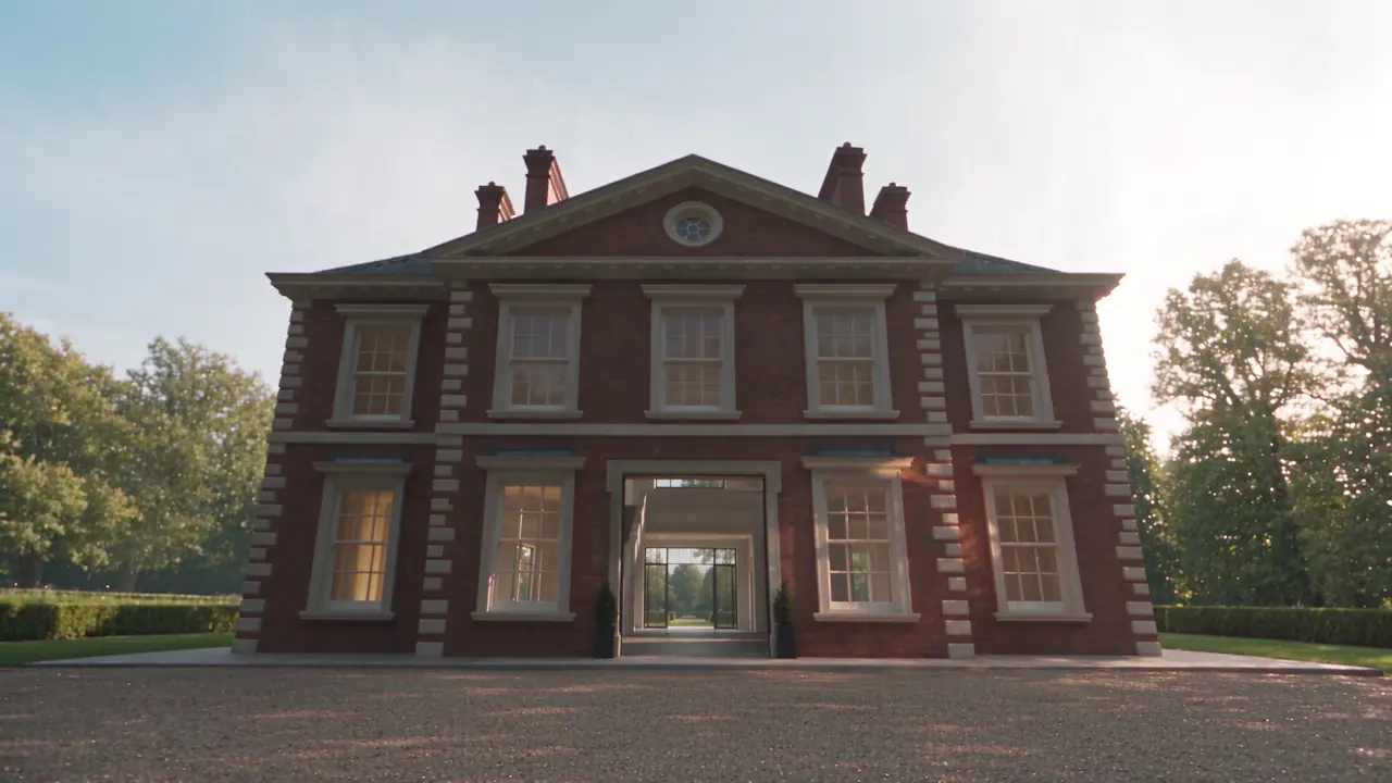 Architectural visualisation of a complete brick house before a central doorway approach; not a real project.